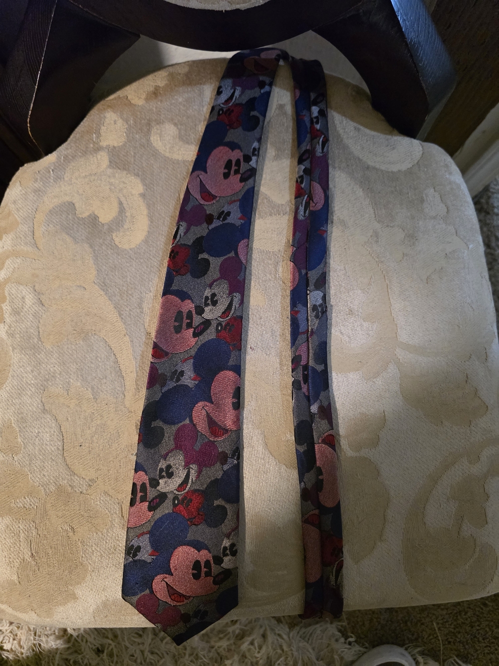 Disney Men's Navy Blue and Pink Mickey Mouse Silk Tie